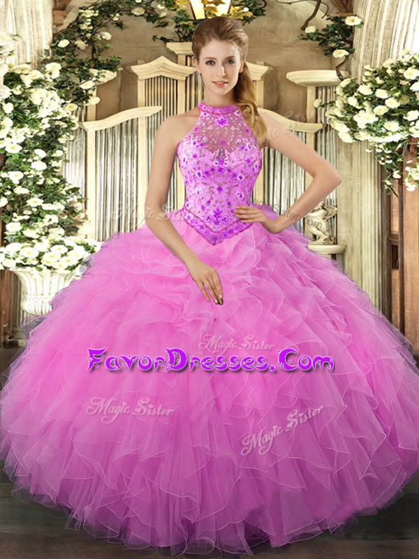  Rose Pink Vestidos de Quinceanera Sweet 16 and Quinceanera with Beading and Ruffles Halter Top Sleeveless Lace Up