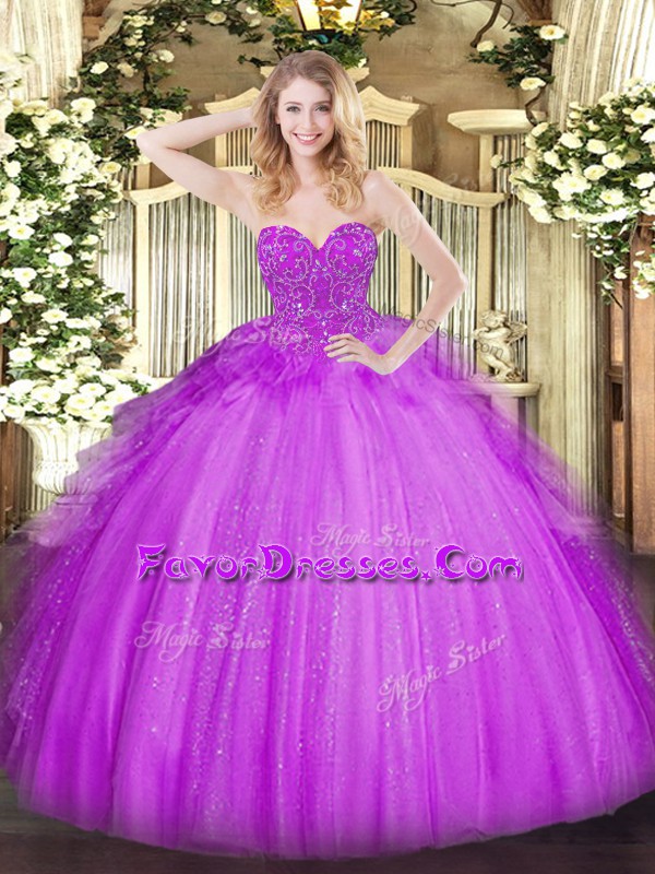 Cheap Lavender Sleeveless Tulle Lace Up Quinceanera Gowns for Military Ball and Sweet 16 and Quinceanera