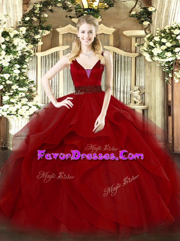 Noble Sleeveless Tulle Floor Length Zipper Sweet 16 Dress in Wine Red with Beading and Ruffled Layers