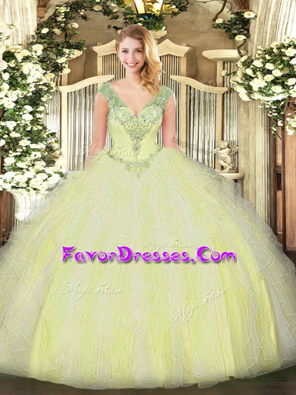 Most Popular Yellow Green Ball Gowns Tulle V-neck Sleeveless Beading and Ruffles Floor Length Lace Up Vestidos de Quinceanera
