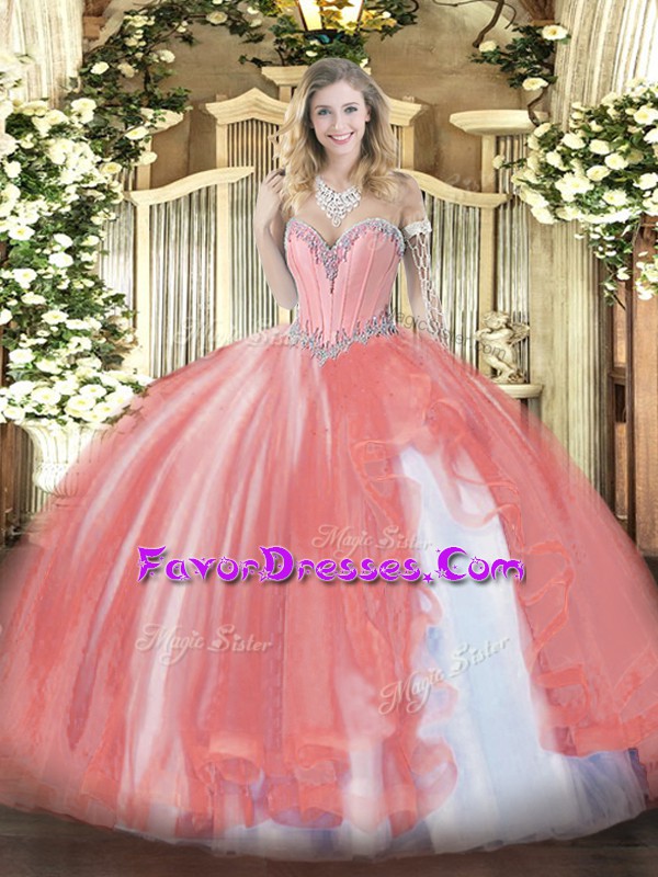 Fitting Coral Red Sleeveless Floor Length Beading and Ruffles Lace Up Sweet 16 Dresses