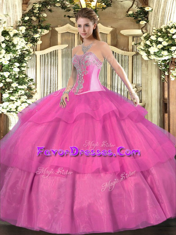 Latest Floor Length Lace Up Sweet 16 Dresses Hot Pink for Military Ball and Sweet 16 and Quinceanera with Beading and Ruffled Layers