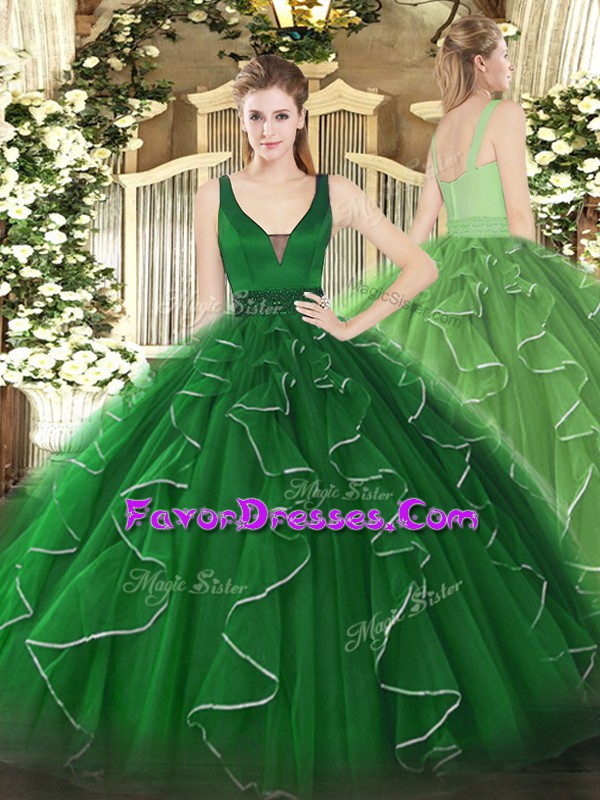 Latest Green Ball Gowns Beading and Ruffles Quinceanera Gown Zipper Tulle Sleeveless Floor Length
