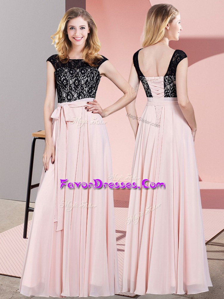  Baby Pink Sleeveless Chiffon Lace Up Prom Party Dress for Prom and Party
