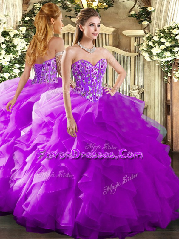  Floor Length Purple 15th Birthday Dress Organza Sleeveless Embroidery and Ruffles