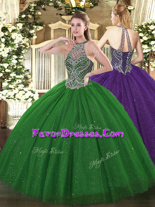 New Arrival Green Tulle Lace Up Halter Top Sleeveless Floor Length Quinceanera Gowns Beading