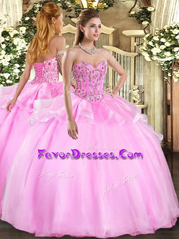 Adorable Lilac Ball Gowns Organza and Tulle Sweetheart Sleeveless Embroidery Floor Length Lace Up Vestidos de Quinceanera