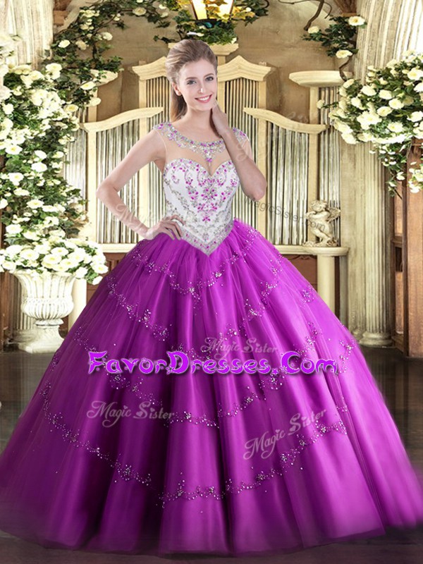 Colorful Fuchsia Sleeveless Tulle Zipper Quinceanera Gown for Military Ball and Sweet 16 and Quinceanera