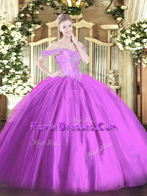  Lilac Sleeveless Floor Length Beading Lace Up 15th Birthday Dress