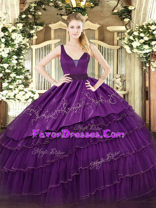 Beauteous Floor Length Zipper Sweet 16 Quinceanera Dress Purple for Military Ball and Sweet 16 and Quinceanera with Embroidery and Ruffled Layers