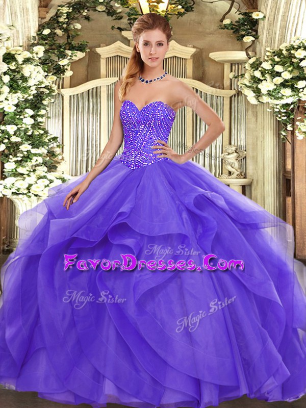  Floor Length Lavender Quinceanera Gown Tulle Sleeveless Beading and Ruffles