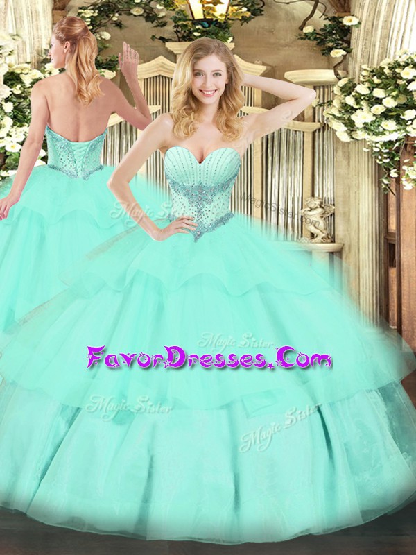 High End Floor Length Lace Up Sweet 16 Dress Apple Green for Military Ball and Sweet 16 and Quinceanera with Beading and Ruffled Layers