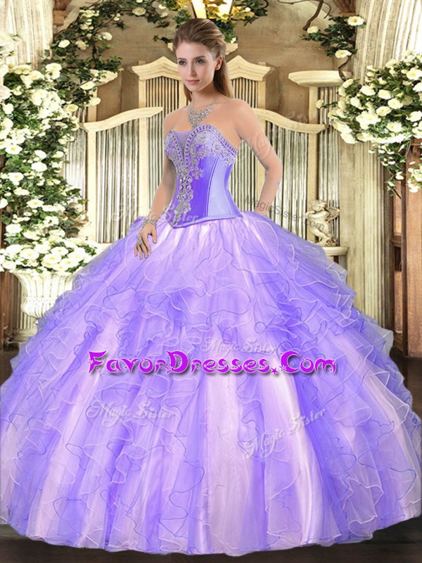  Floor Length Lace Up Sweet 16 Dresses Lavender for Military Ball and Sweet 16 and Quinceanera with Beading and Ruffles