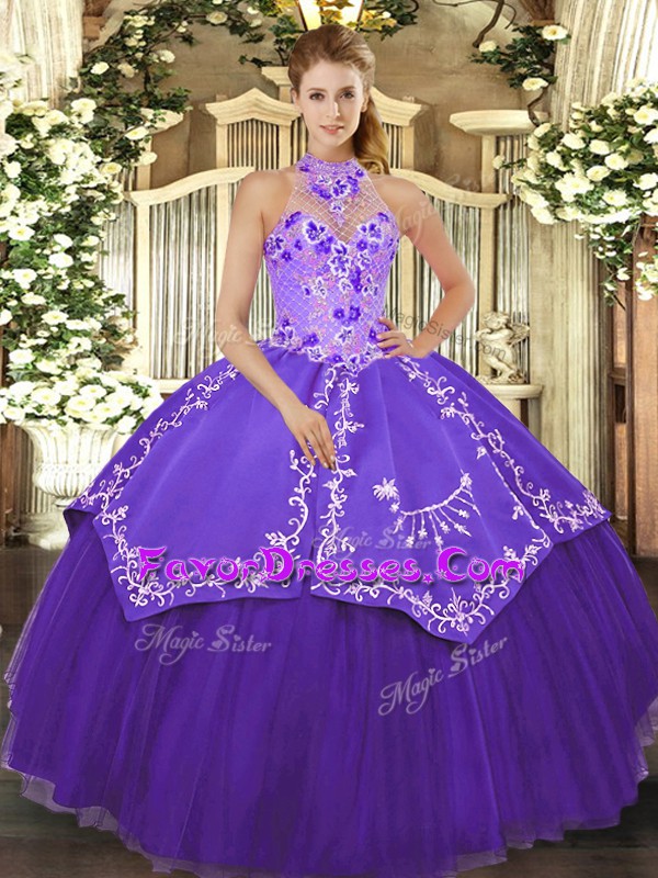 Fancy Purple Sleeveless Satin and Tulle Lace Up Sweet 16 Dresses for Military Ball and Sweet 16 and Quinceanera