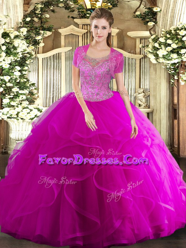  Floor Length Fuchsia 15th Birthday Dress Scoop Sleeveless Clasp Handle