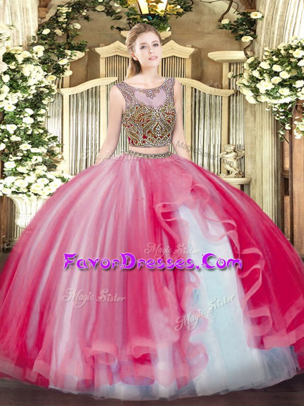  Sleeveless Tulle Floor Length Lace Up 15th Birthday Dress in Coral Red with Beading and Ruffles
