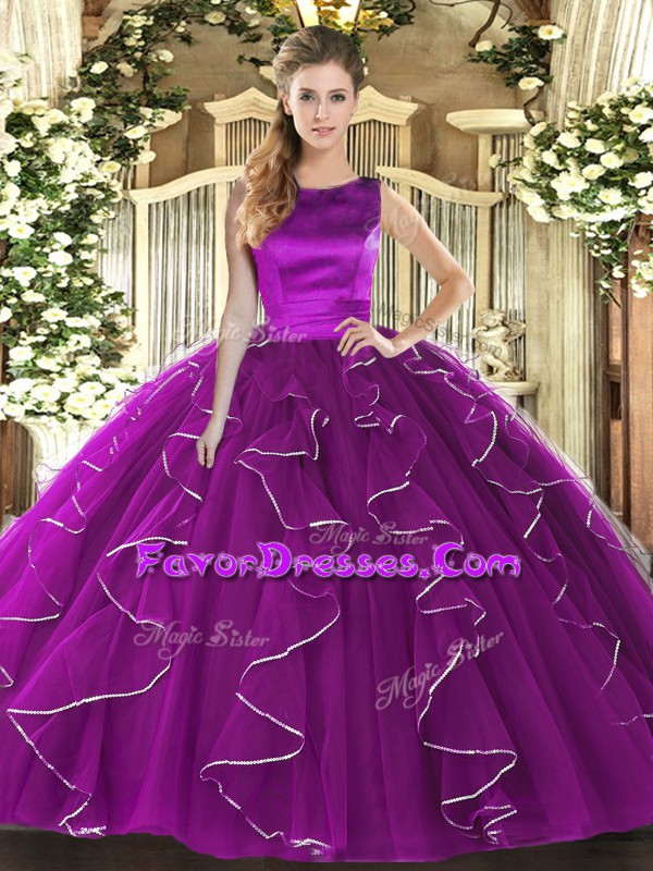 Custom Fit Eggplant Purple Quinceanera Dresses Military Ball and Sweet 16 and Quinceanera with Ruffles Scoop Sleeveless Lace Up