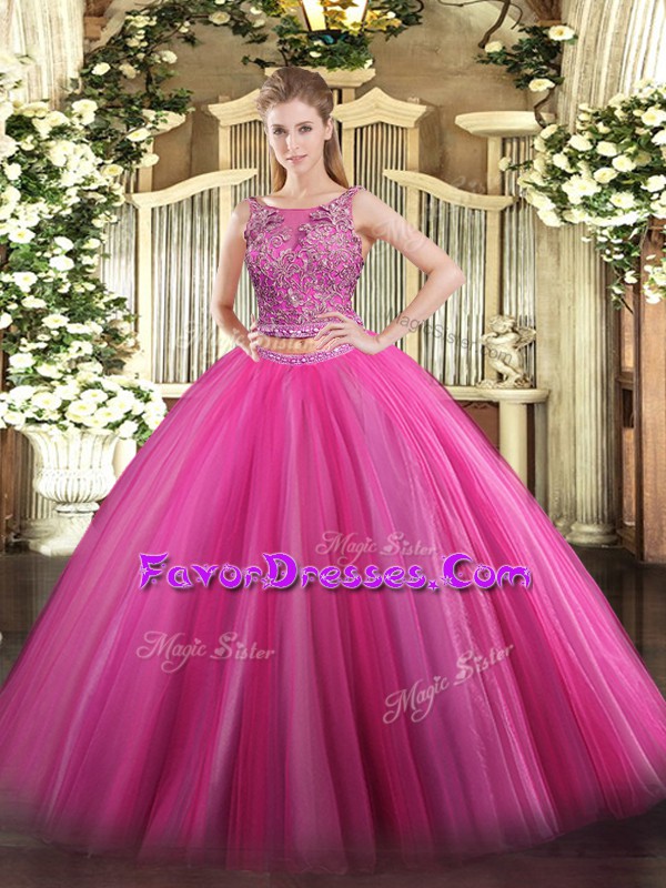 Delicate Hot Pink Vestidos de Quinceanera Military Ball and Sweet 16 and Quinceanera with Beading Scoop Sleeveless Lace Up