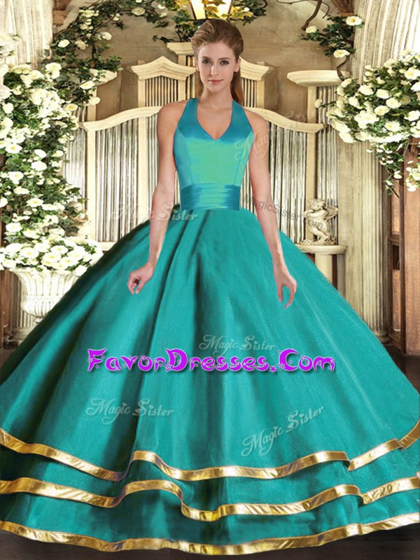 Sexy Turquoise Ball Gowns Ruffled Layers Ball Gown Prom Dress Lace Up Tulle Sleeveless Floor Length