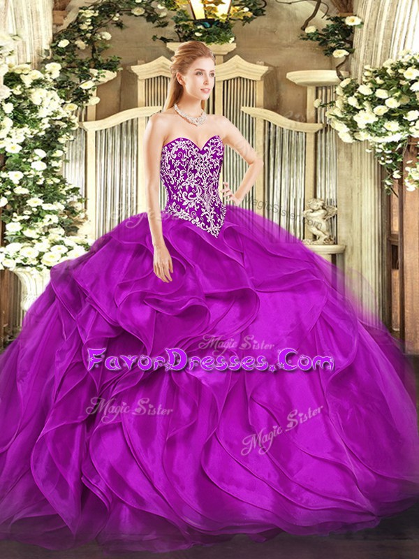 Most Popular Fuchsia Sleeveless Organza Lace Up Ball Gown Prom Dress for Military Ball and Sweet 16 and Quinceanera