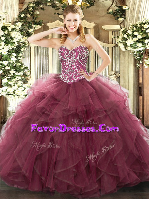 Pretty Beading and Ruffles Sweet 16 Quinceanera Dress Burgundy Lace Up Sleeveless Floor Length