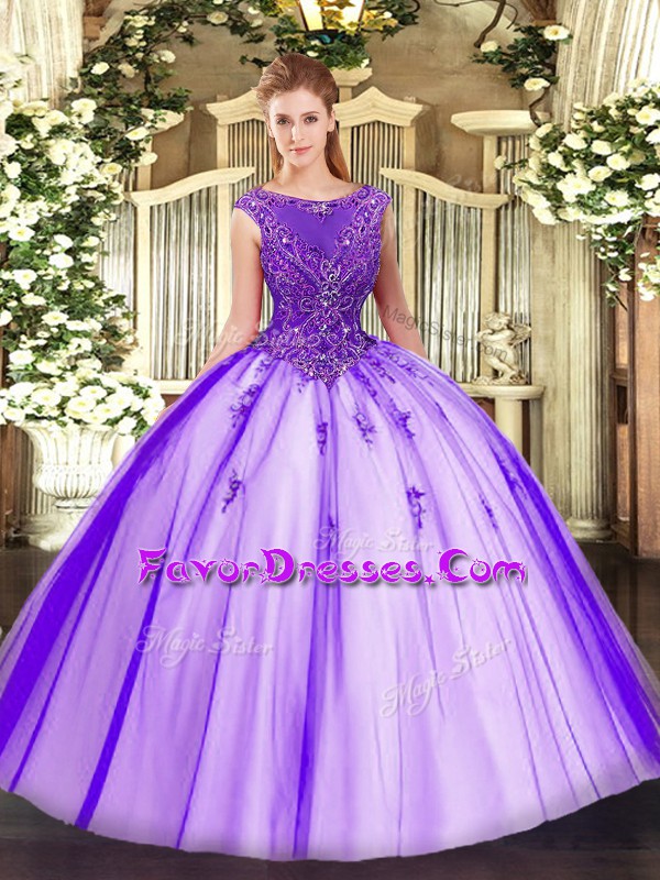 Chic Purple Ball Gowns Tulle Scoop Sleeveless Beading and Appliques Floor Length Zipper Sweet 16 Quinceanera Dress