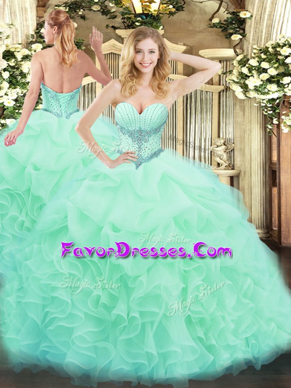 New Arrival Apple Green Organza Lace Up Quinceanera Dress Sleeveless Floor Length Beading and Ruffles and Pick Ups