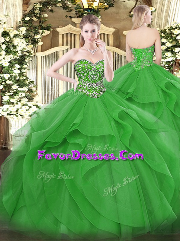 Sumptuous Green Lace Up Sweetheart Beading and Ruffles Quince Ball Gowns Tulle Sleeveless