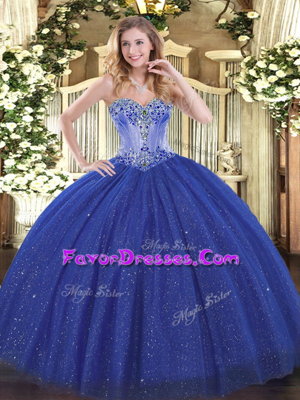  Sweetheart Sleeveless Lace Up Ball Gown Prom Dress Royal Blue Sequined