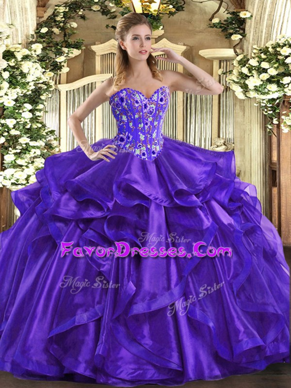 Colorful Purple Ball Gowns Sweetheart Sleeveless Organza Floor Length Lace Up Embroidery and Ruffles Vestidos de Quinceanera