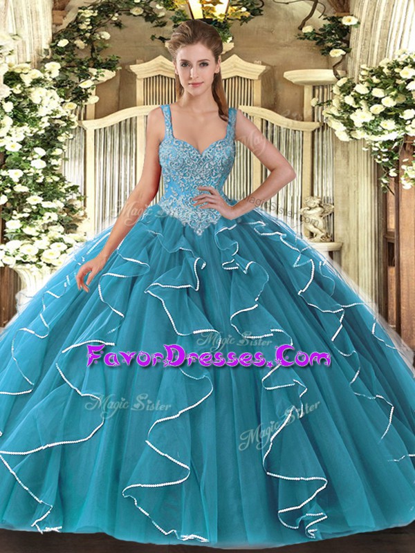 Discount Teal Tulle Lace Up Quinceanera Gown Sleeveless Floor Length Beading
