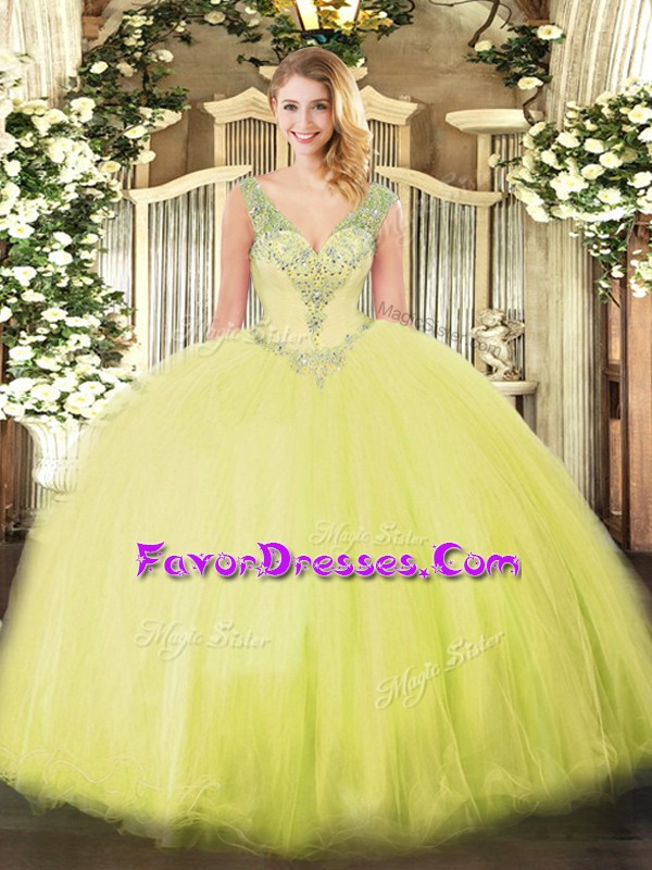  Yellow Green Lace Up V-neck Beading Quinceanera Dresses Tulle Sleeveless