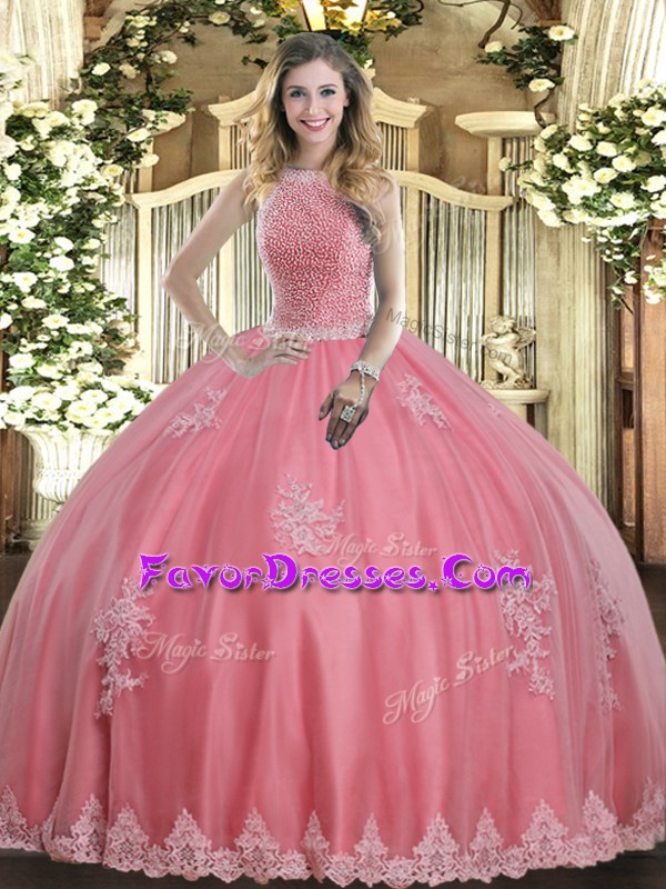 Beautiful Baby Pink Sleeveless Beading and Appliques Floor Length 15th Birthday Dress
