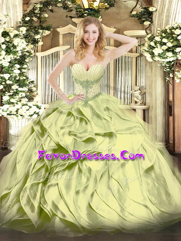  Olive Green Sleeveless Organza Lace Up Quince Ball Gowns for Military Ball and Sweet 16 and Quinceanera