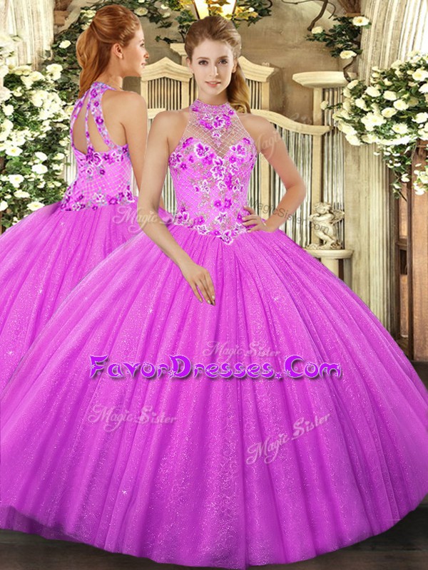 Hot Sale Fuchsia Halter Top Neckline Beading and Embroidery 15 Quinceanera Dress Sleeveless Lace Up