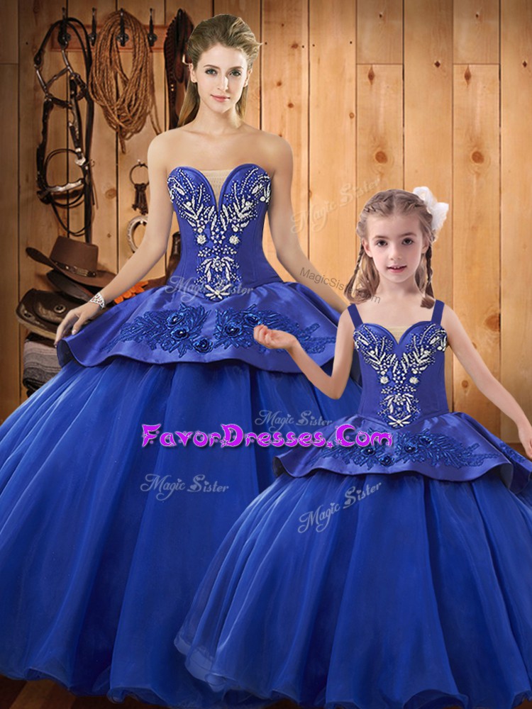Admirable Satin and Organza Sweetheart Sleeveless Lace Up Beading and Embroidery Sweet 16 Quinceanera Dress in Royal Blue