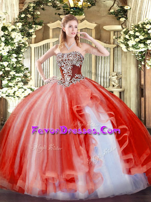 Admirable Floor Length Coral Red Sweet 16 Dresses Strapless Sleeveless Lace Up