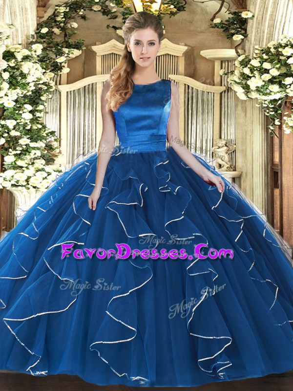  Tulle Scoop Sleeveless Lace Up Ruffles Sweet 16 Dress in Blue