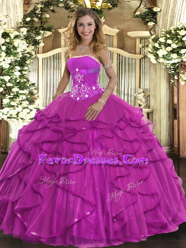 Beauteous Floor Length Lace Up Quince Ball Gowns Fuchsia for Military Ball and Sweet 16 and Quinceanera with Beading and Ruffles