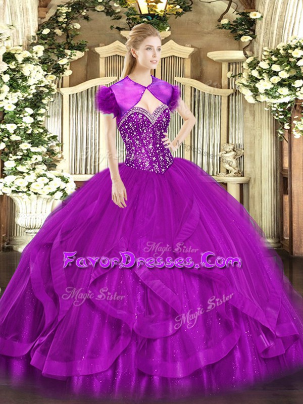  Sleeveless Tulle Floor Length Lace Up Quince Ball Gowns in Fuchsia with Beading and Ruffles