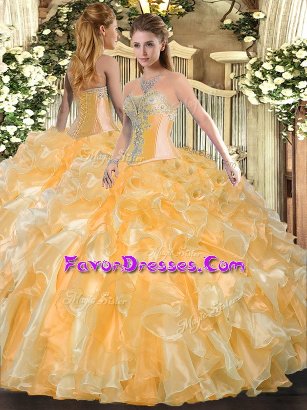  Gold Ball Gowns Beading and Ruffles Ball Gown Prom Dress Lace Up Organza Sleeveless Floor Length