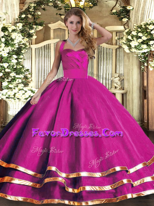 Gorgeous Halter Top Sleeveless Lace Up Quinceanera Dress Fuchsia Tulle