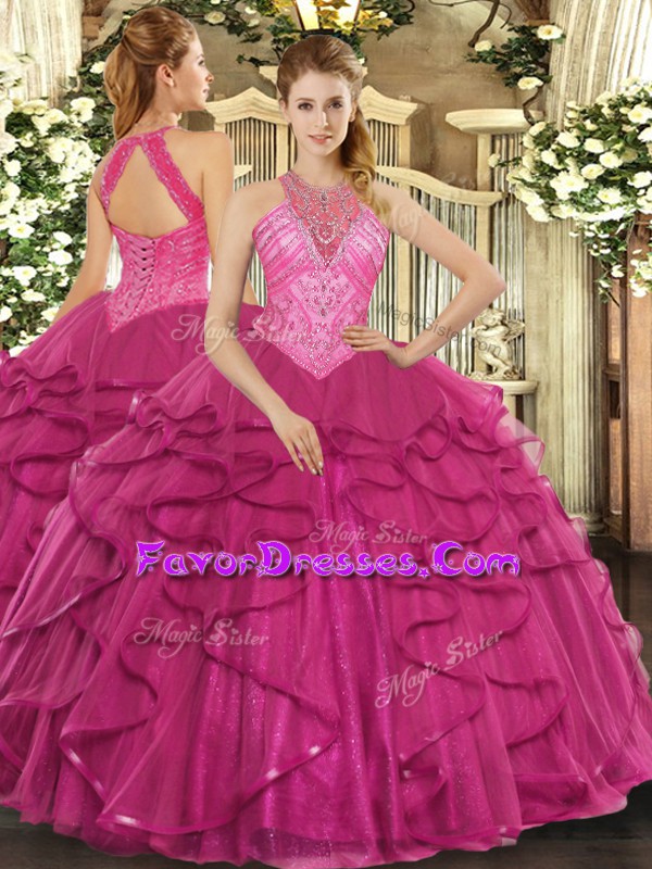 Delicate High-neck Sleeveless Lace Up Quinceanera Dress Hot Pink Tulle