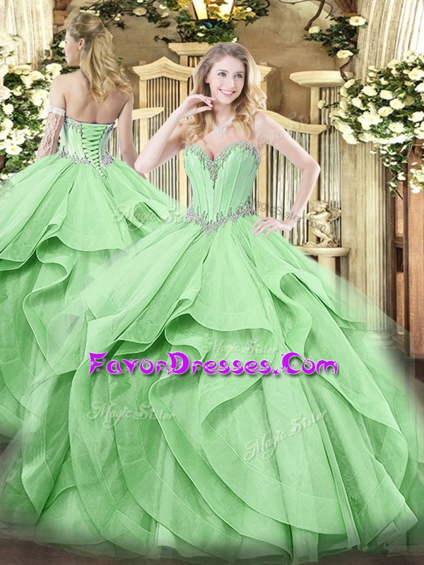  Sleeveless Lace Up Floor Length Beading and Ruffles Quince Ball Gowns
