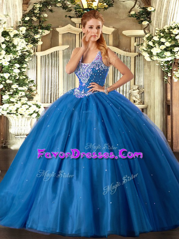  Blue Lace Up Quinceanera Dress Beading Sleeveless Floor Length