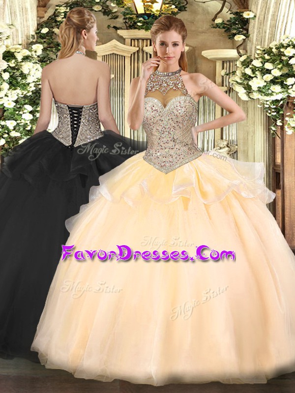  Ball Gowns Quinceanera Dresses Peach Halter Top Tulle Sleeveless Floor Length Lace Up