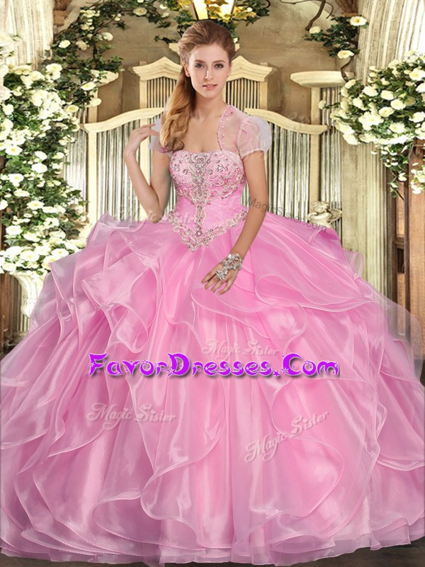  Rose Pink Sweet 16 Quinceanera Dress Military Ball and Sweet 16 and Quinceanera with Appliques and Ruffles Strapless Sleeveless Lace Up