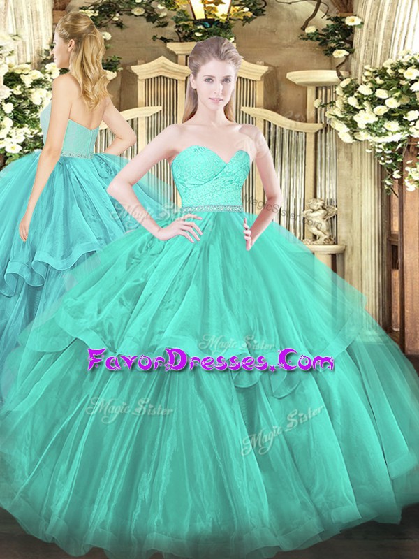 Charming Sleeveless Tulle Brush Train Zipper Sweet 16 Dress in Aqua Blue with Beading and Lace and Ruffled Layers