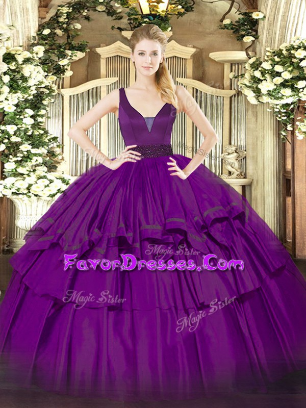  Sleeveless Organza Floor Length Zipper Sweet 16 Dresses in Purple with Beading and Ruffled Layers