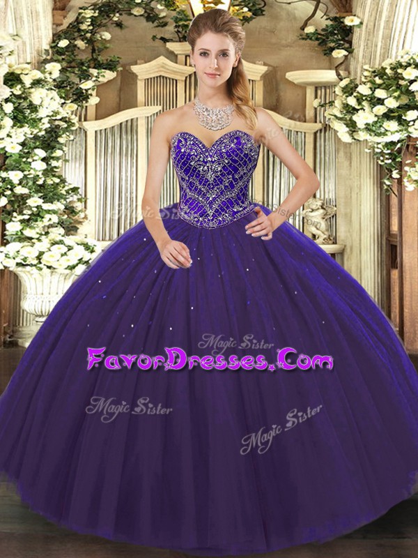 High Quality Purple Ball Gowns Tulle Sweetheart Sleeveless Beading Floor Length Lace Up 15 Quinceanera Dress